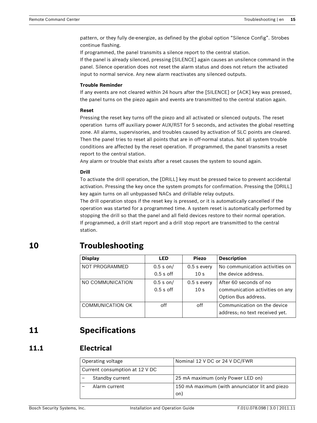 Bosch Appliances FMR-1000-RCMD installation and operation guide Troubleshooting, Specifications, Electrical 