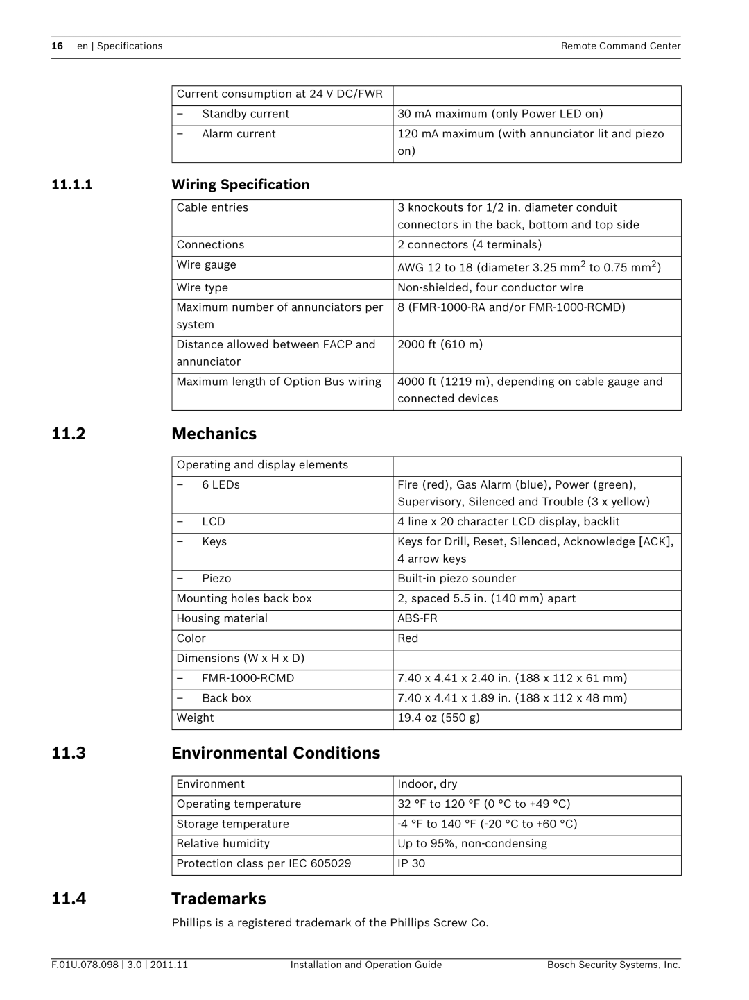 Bosch Appliances FMR-1000-RCMD installation and operation guide Mechanics, Environmental Conditions, 11.4Trademarks 