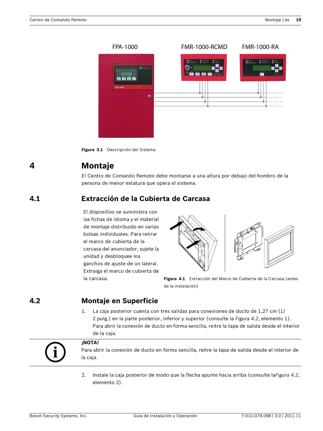 Bosch Appliances FMR-1000-RCMD 4Montaje, Extracción de la Cubierta de Carcasa, Montaje en Superficie 