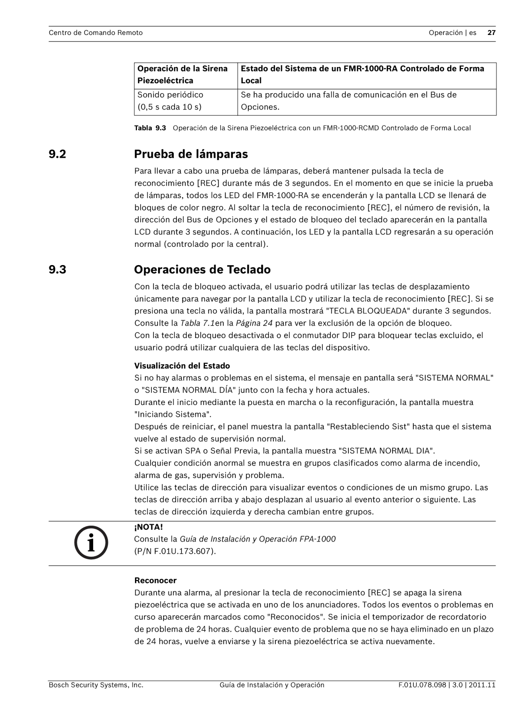 Bosch Appliances FMR-1000-RCMD Prueba de lámparas, Operaciones de Teclado, Visualización del Estado, Reconocer 