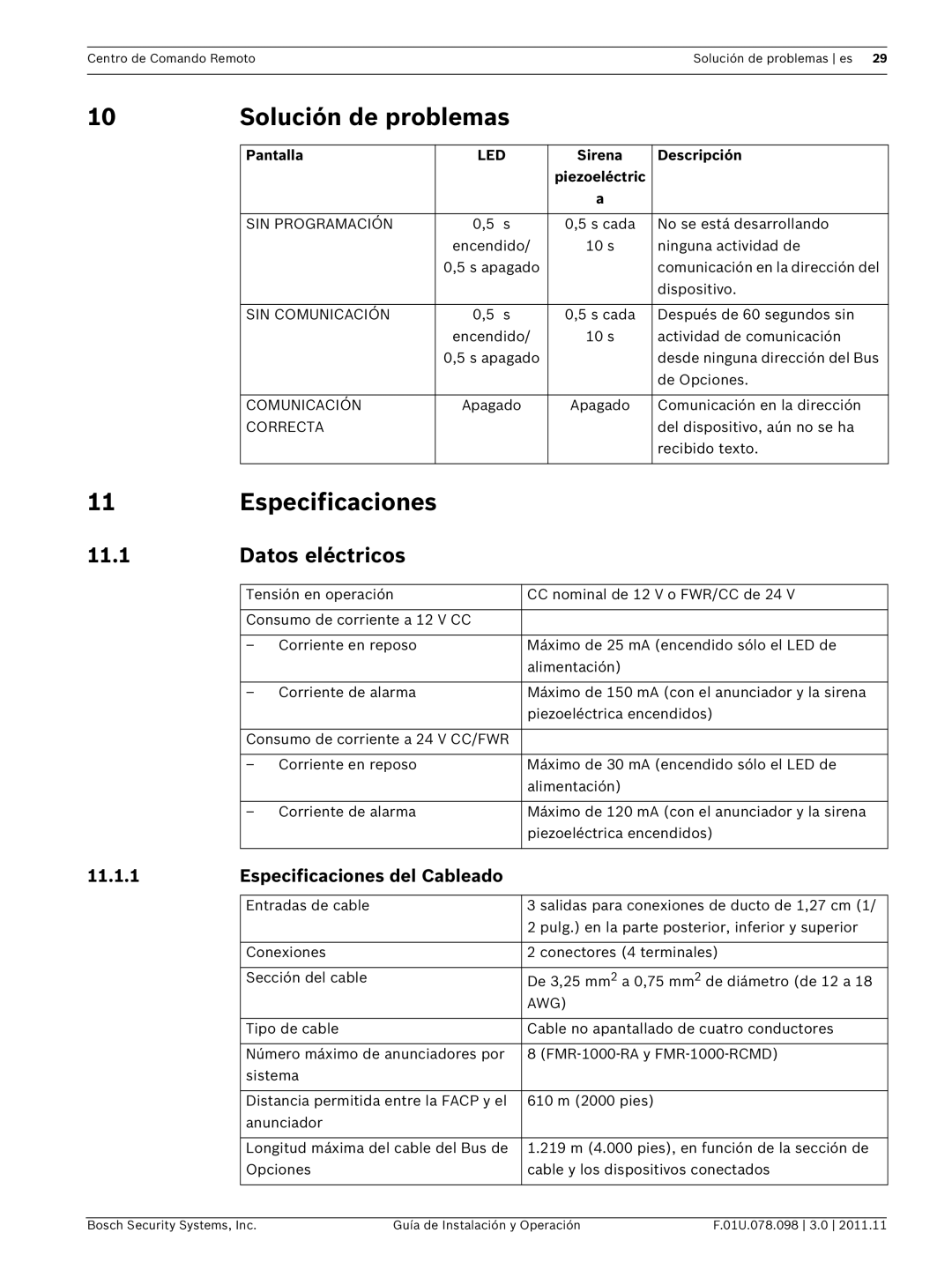 Bosch Appliances FMR-1000-RCMD Solución de problemas, Especificaciones, Datos eléctricos, Sirena Descripción Piezoeléctric 