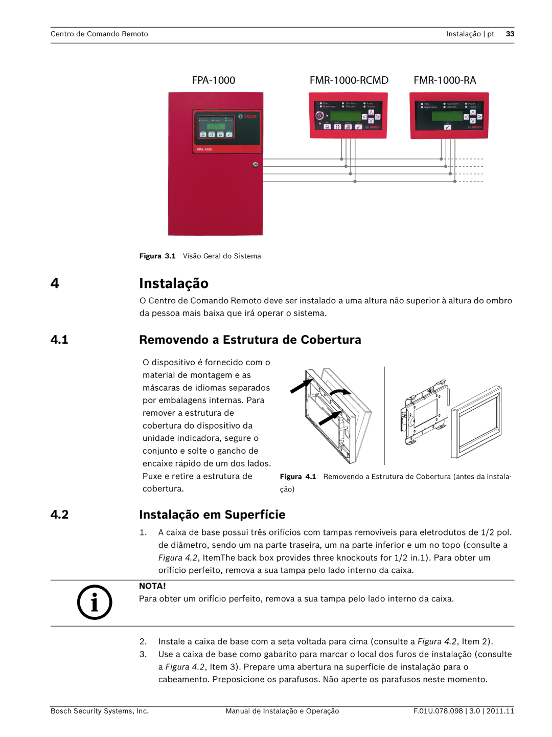 Bosch Appliances FMR-1000-RCMD 4Instalação, Removendo a Estrutura de Cobertura, Instalação em Superfície 