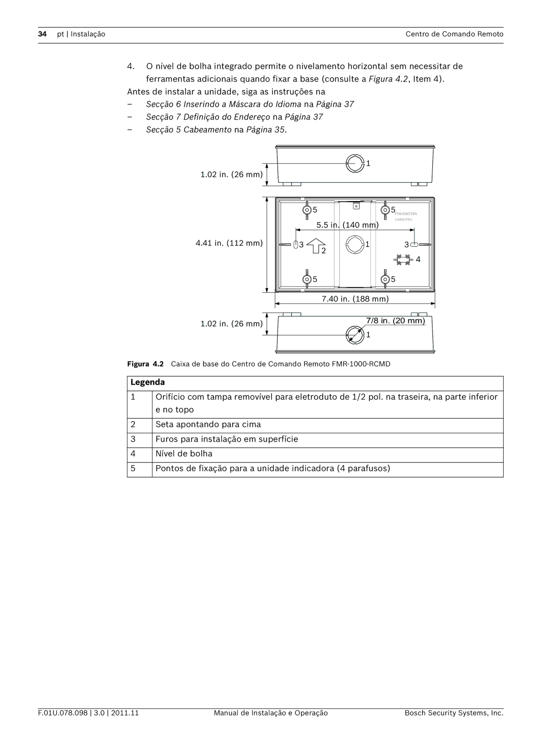 Bosch Appliances FMR-1000-RCMD installation and operation guide Pt Instalação Centro de Comando Remoto 