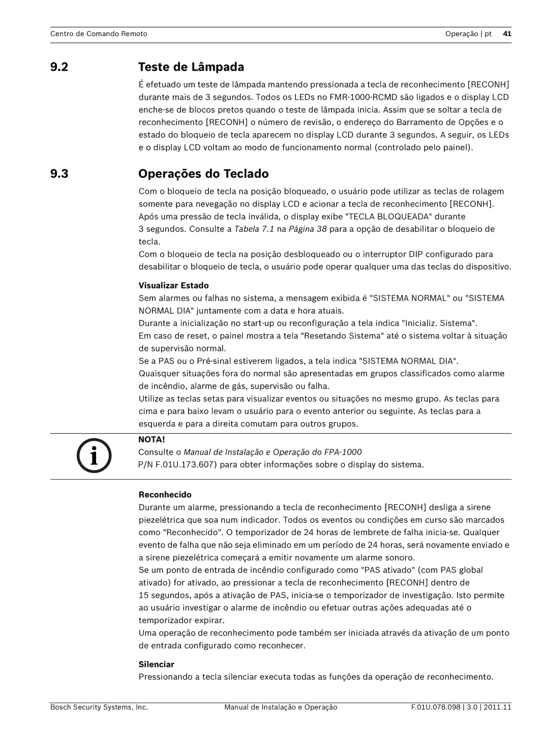 Bosch Appliances FMR-1000-RCMD Teste de Lâmpada, 3Operações do Teclado, Visualizar Estado, Reconhecido, Silenciar 