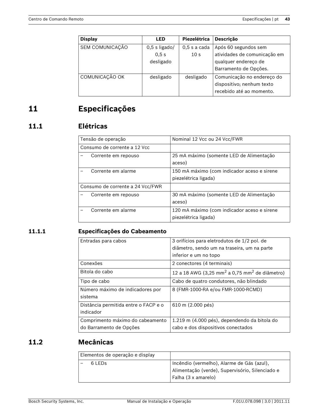 Bosch Appliances FMR-1000-RCMD Especificações, 11.1 Elétricas, 11.2 Mecânicas, SEM Comunicação, Comunicação OK 