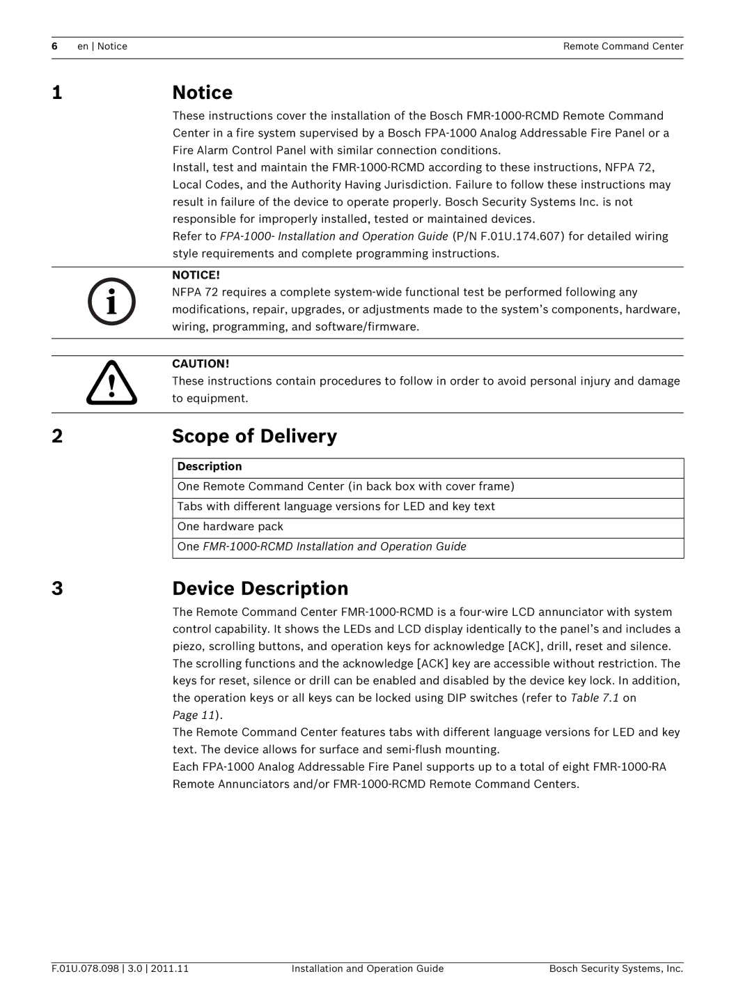 Bosch Appliances FMR-1000-RCMD installation and operation guide Scope of Delivery, Device Description 