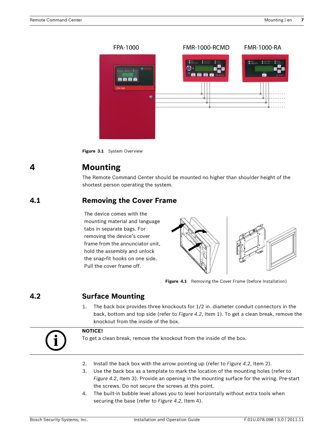 Bosch Appliances FMR-1000-RCMD installation and operation guide 4Mounting, Removing the Cover Frame, Surface Mounting 