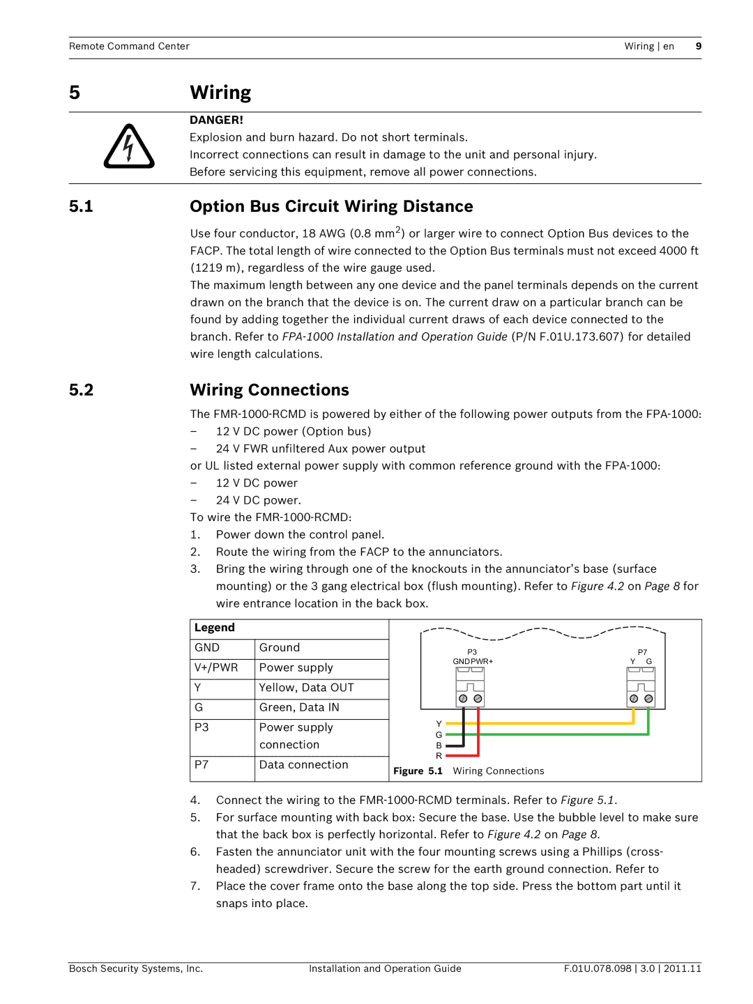 Bosch Appliances FMR-1000-RCMD 5Wiring, Option Bus Circuit Wiring Distance, Wiring Connections, Gnd, +/Pwr 