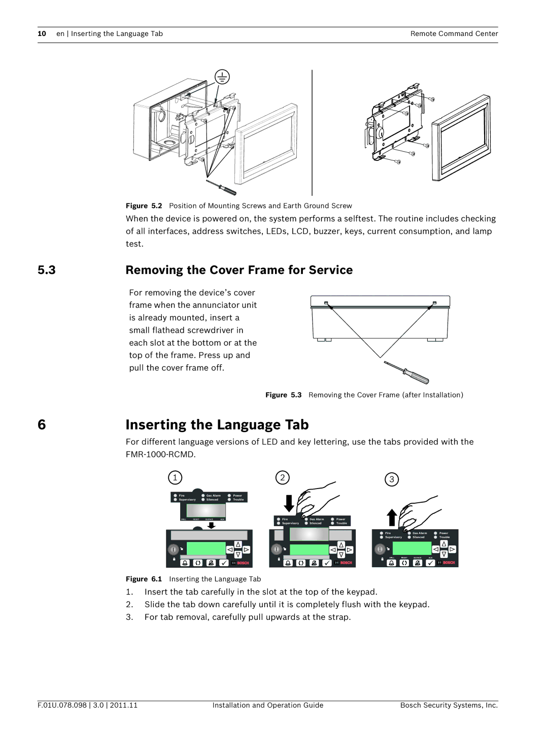 Bosch Appliances FMR-1000-RCMD Inserting the Language Tab, Removing the Cover Frame for Service 