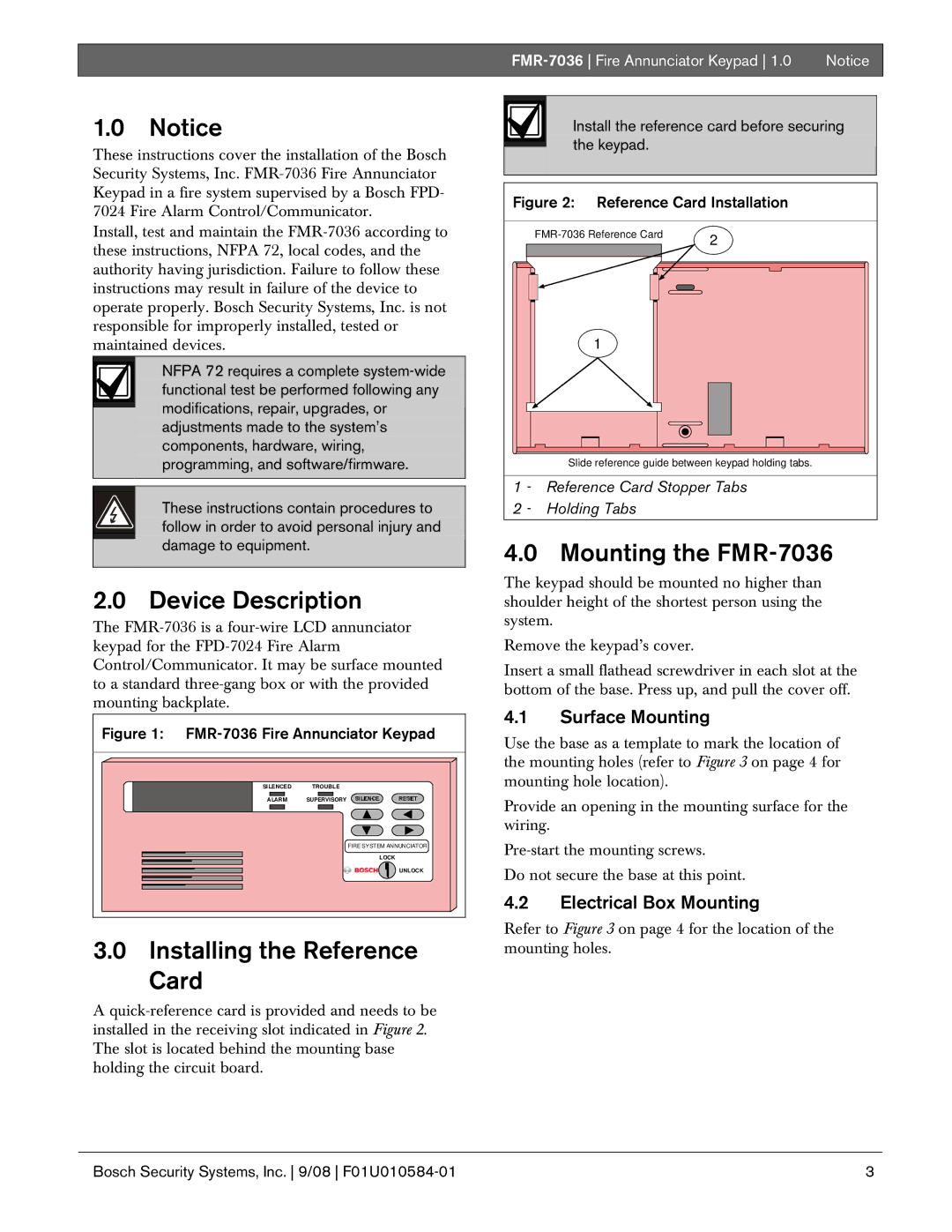 Bosch Appliances Device Description, Installing the Reference Card, Mounting the FMR-7036, Surface Mounting 