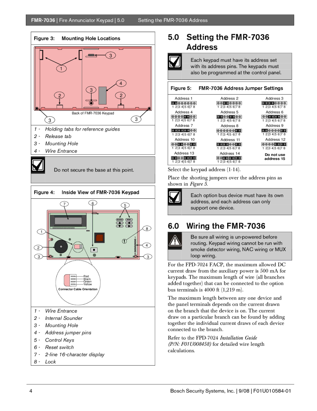 Bosch Appliances installation instructions Setting the FMR-7036, Address, Wiring the FMR-7036 