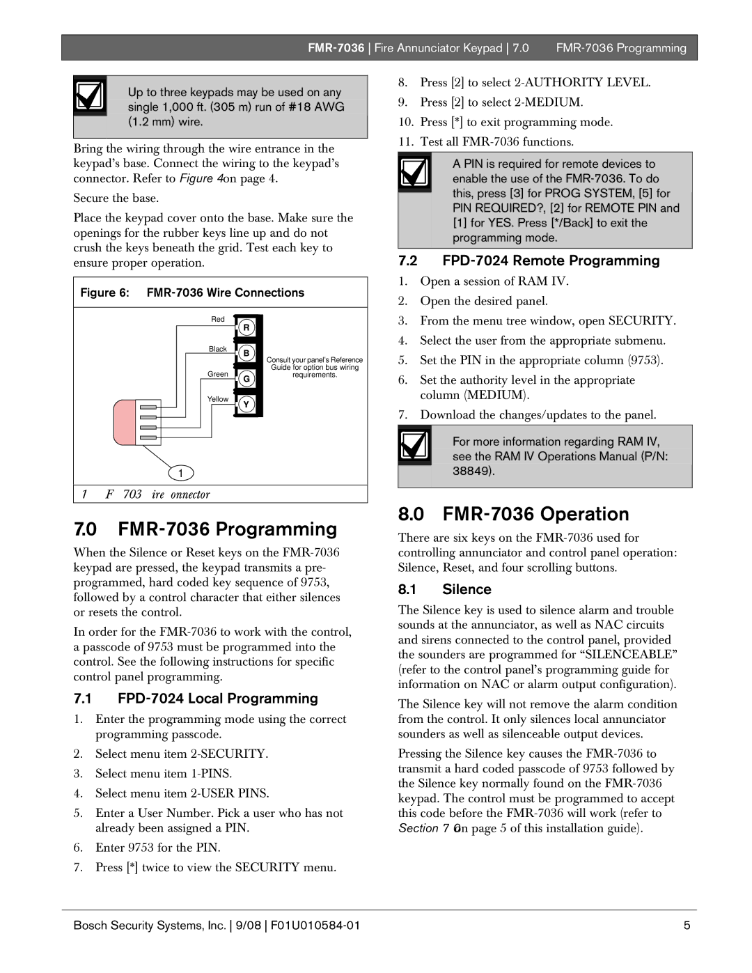 Bosch Appliances FMR-7036 Programming, FMR-7036 Operation, FPD-7024 Remote Programming, FPD-7024 Local Programming 