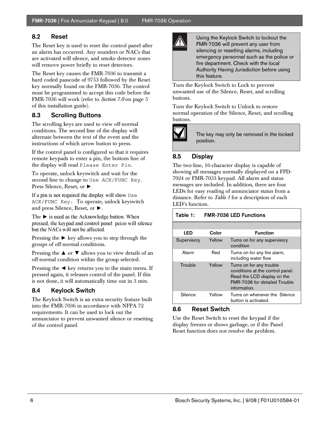 Bosch Appliances FMR-7036 installation instructions Scrolling Buttons, Keylock Switch, Display, Reset Switch 