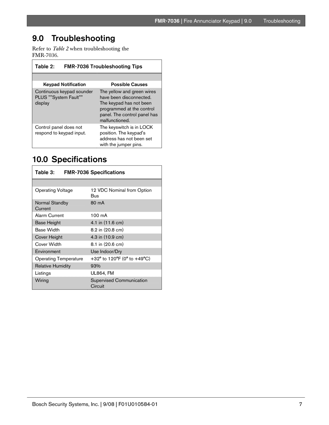 Bosch Appliances installation instructions FMR-7036 Troubleshooting Tips, FMR-7036 Specifications 