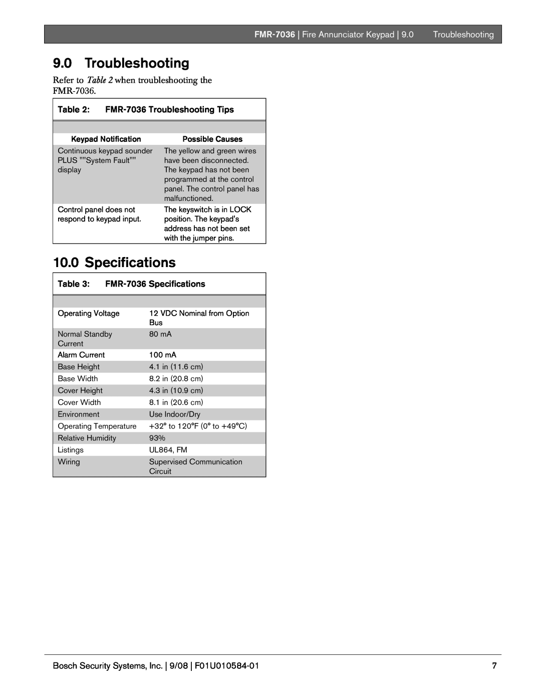 Bosch Appliances FMR-7036Troubleshooting Tips, FMR-7036Specifications, FMR-7036| Fire Annunciator Keypad 