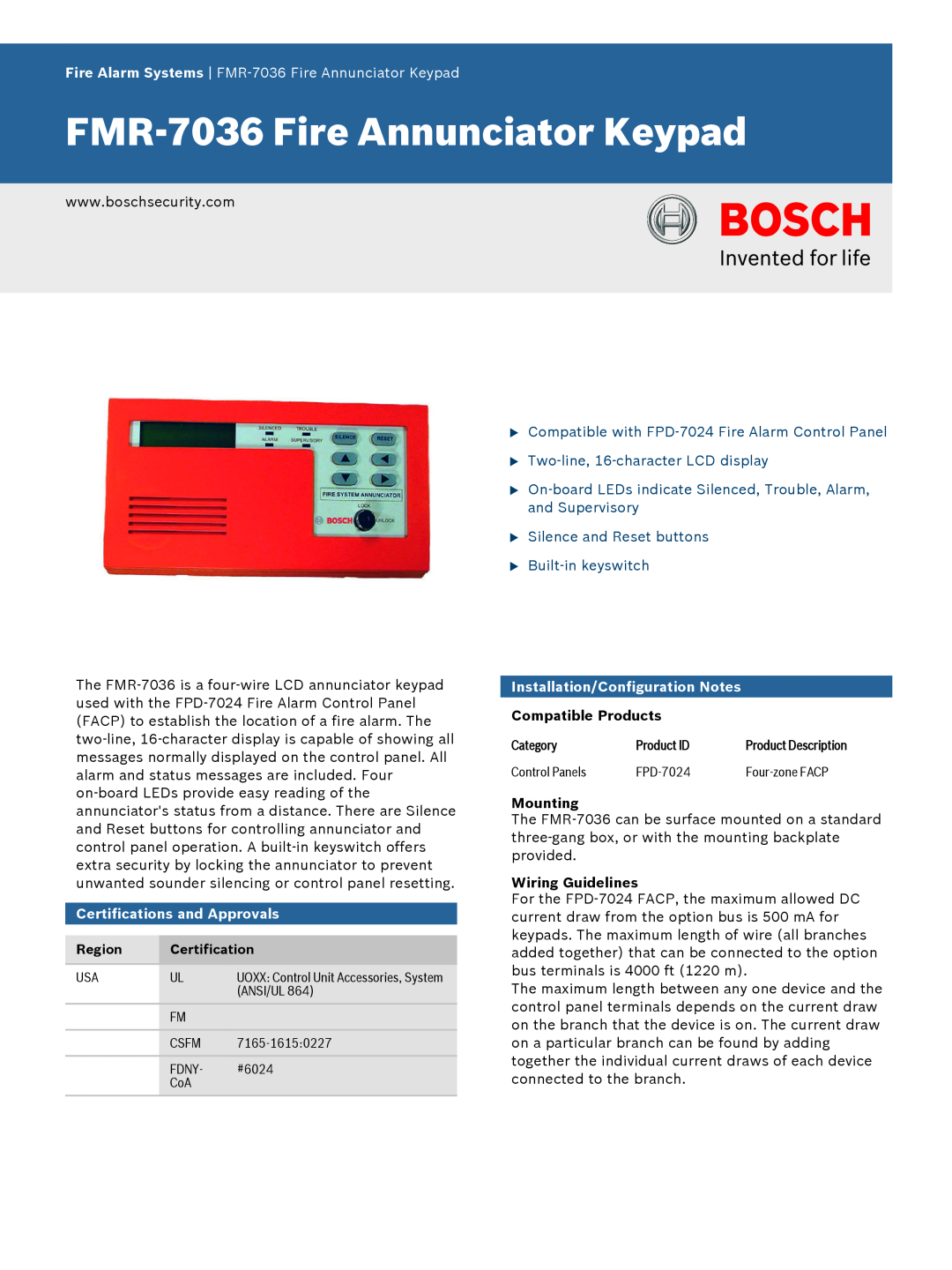 Bosch Appliances FMR-7036 installation instructions Fire Annunciator Keypad 