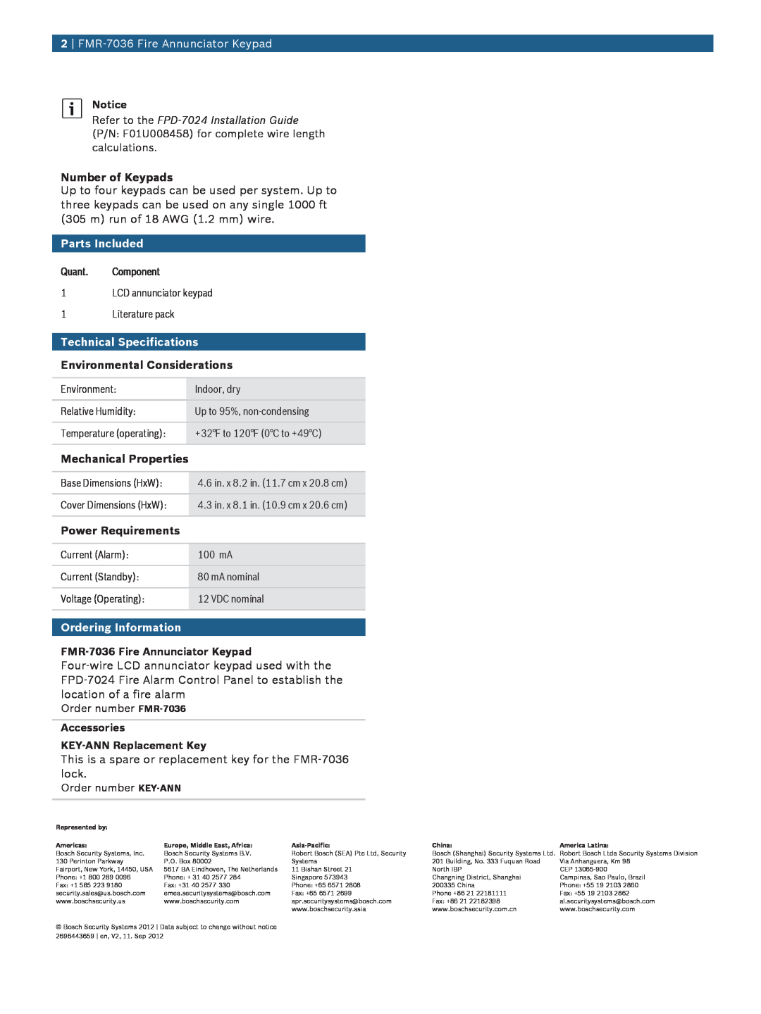 Bosch Appliances FMR-7036 2 FMR‑7036 Fire Annunciator Keypad, Number of Keypads, Parts Included, Technical Specifications 