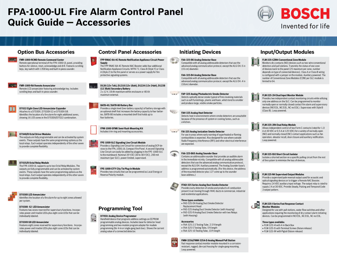 Bosch Appliances FPA-1000-UL manual Option Bus Accessories, Control Panel Accessories, Programming Tool, Initiating Devices 