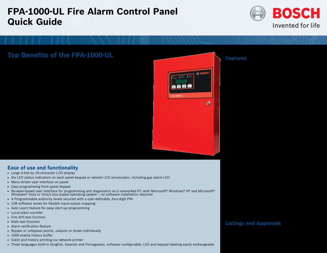 Bosch Appliances manual FPA-1000-UL Fire Alarm Control Panel Quick Guide, Top Benefits of the FPA-1000-UL, Features 