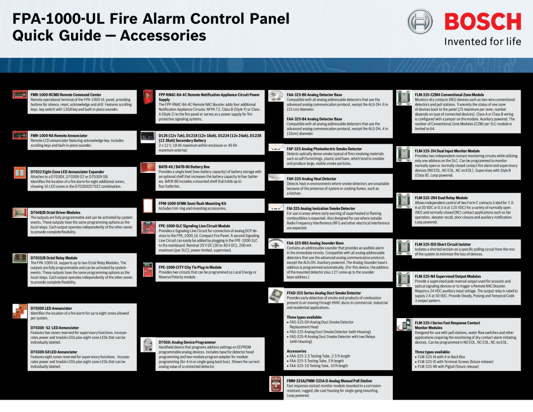 Bosch Appliances manual FPA-1000-UL Fire Alarm Control Panel Quick Guide - Accessories, Option Bus Accessories 