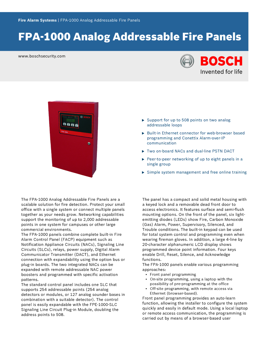 Bosch Appliances FPA-1000 manual FPA‑1000 Analog Addressable Fire Panels 