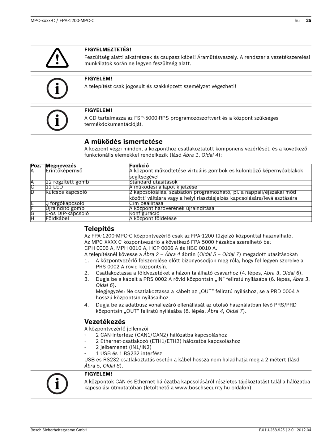 Bosch Appliances FPA-1200-MPC-C manual Működés ismertetése, Telepítés, Vezetékezés, Figyelmeztetés, Figyelem 