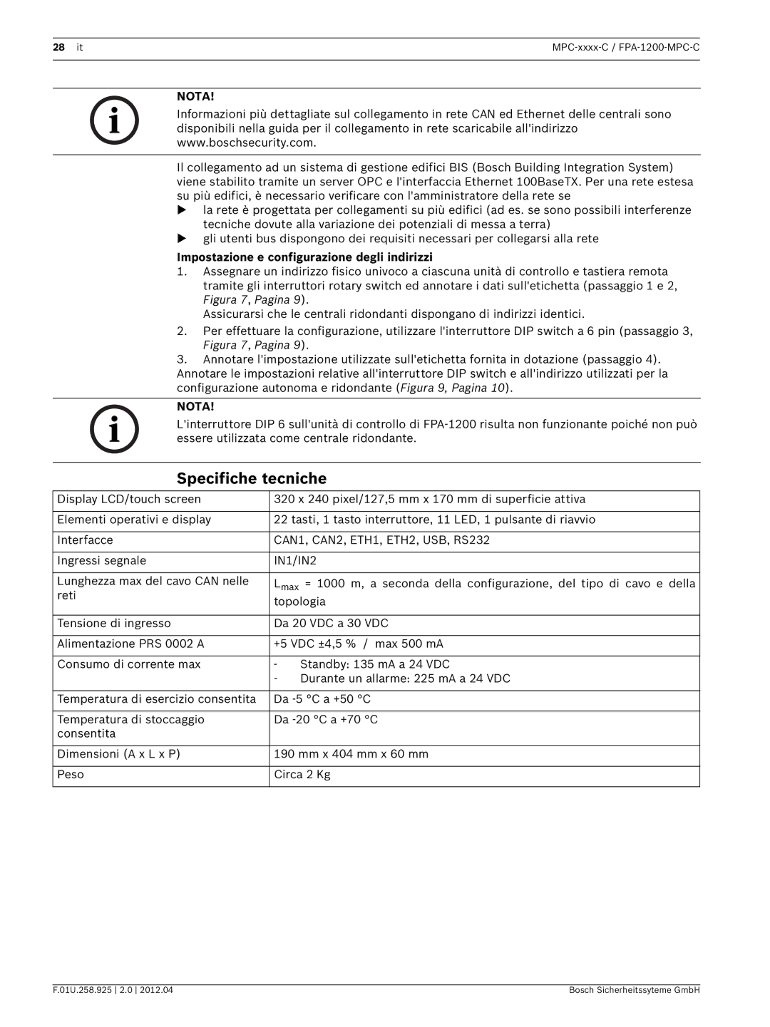 Bosch Appliances FPA-1200-MPC-C manual Specifiche tecniche, Impostazione e configurazione degli indirizzi 