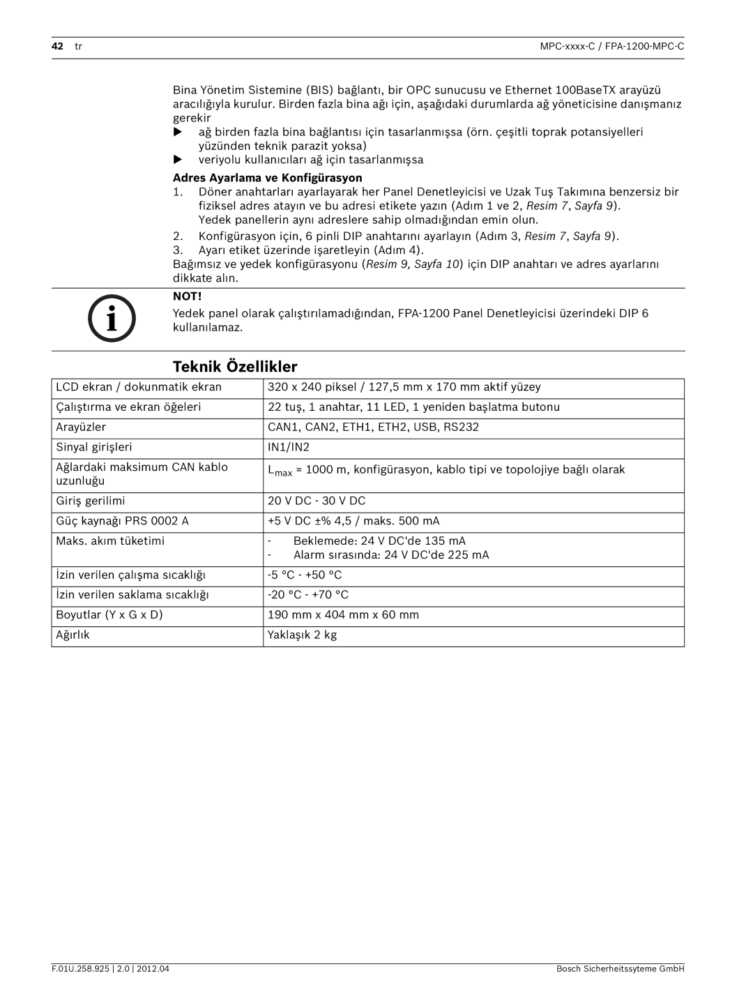 Bosch Appliances FPA-1200-MPC-C manual Teknik Özellikler, Adres Ayarlama ve Konfigürasyon 