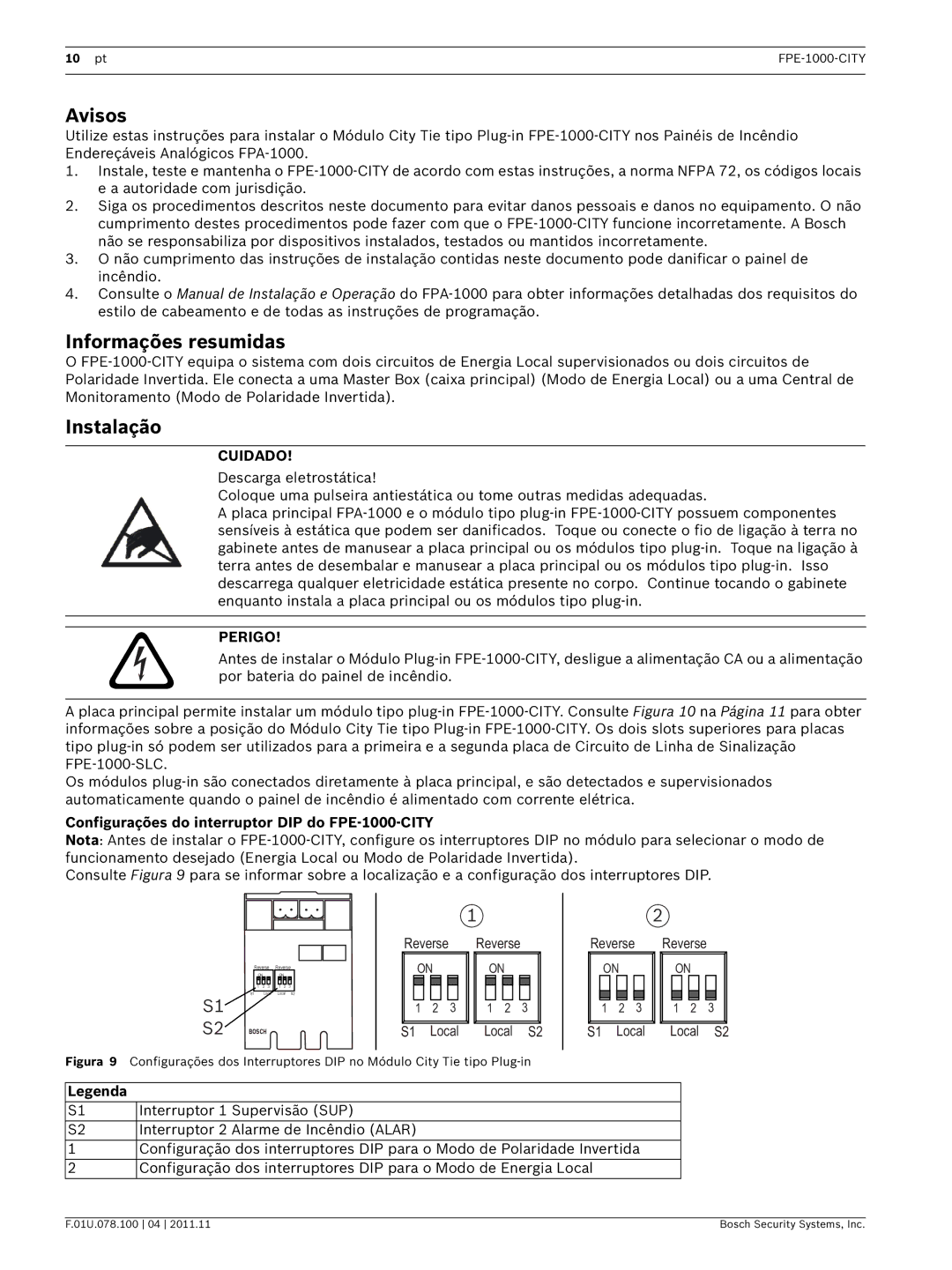 Bosch Appliances FPE-1000-CITY manual Informações resumidas, Instalação, Cuidado, Perigo 