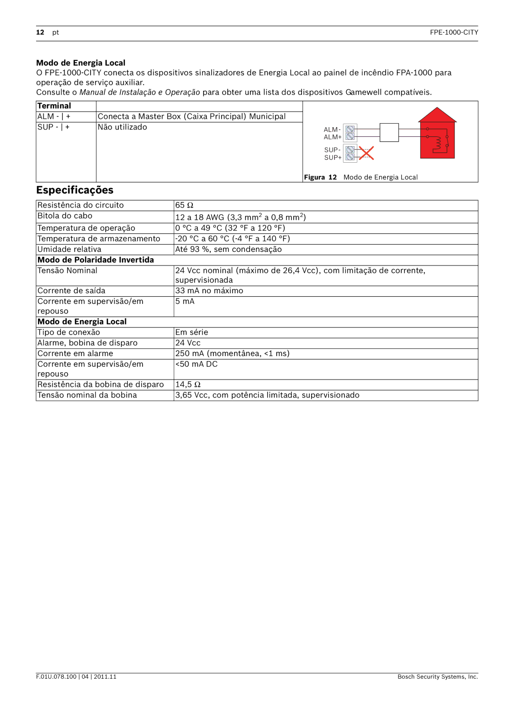 Bosch Appliances FPE-1000-CITY manual Especificações, Modo de Energia Local 