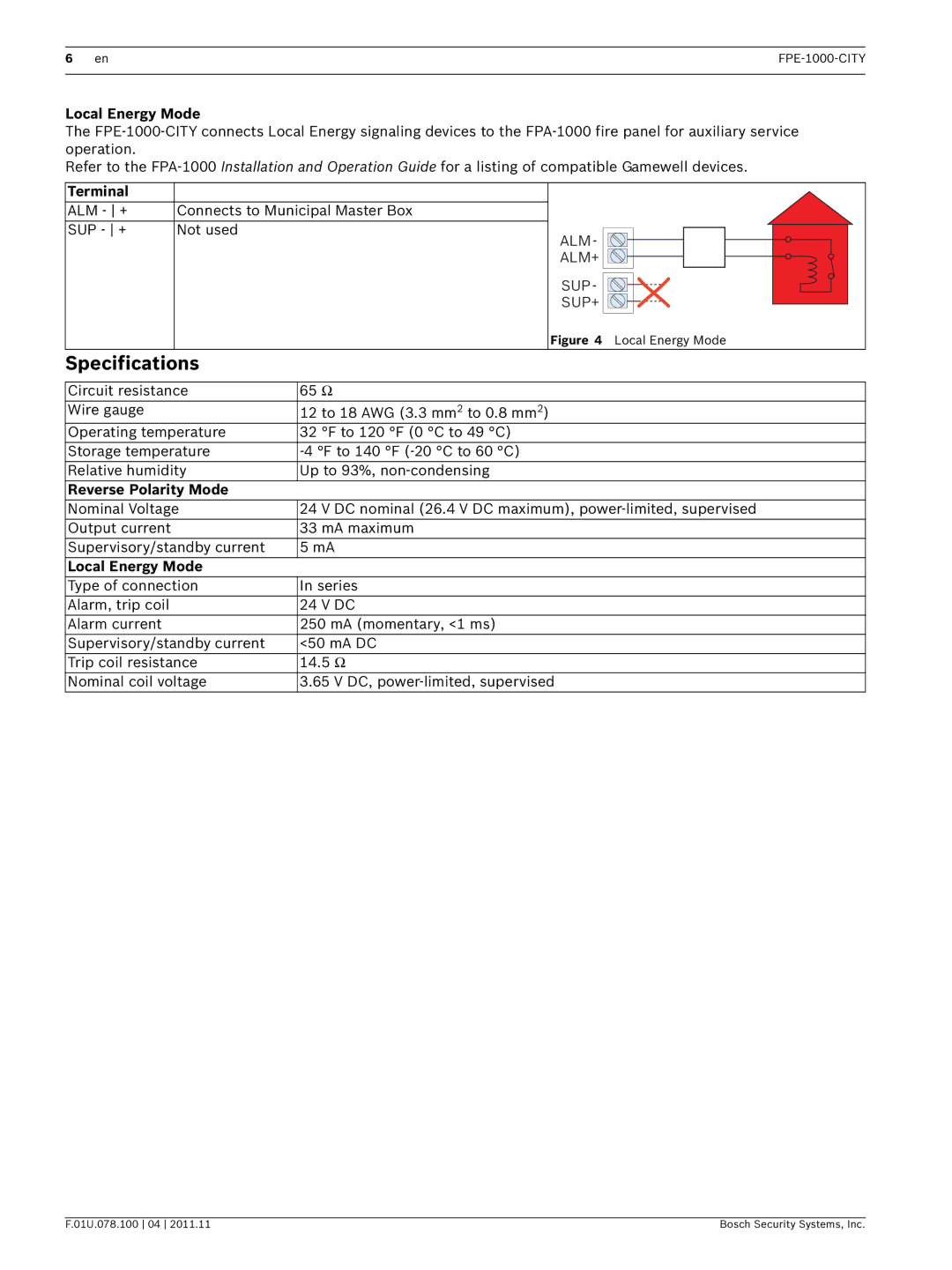 Bosch Appliances FPE-1000-CITY manual Specifications, Local Energy Mode, Terminal 