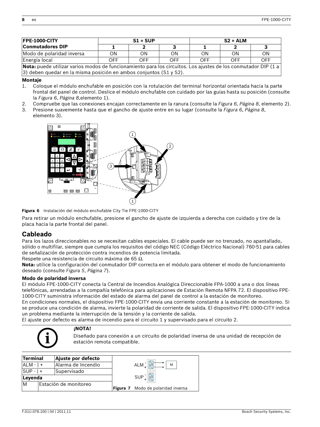 Bosch Appliances FPE-1000-CITY manual Cableado, ¡Nota 