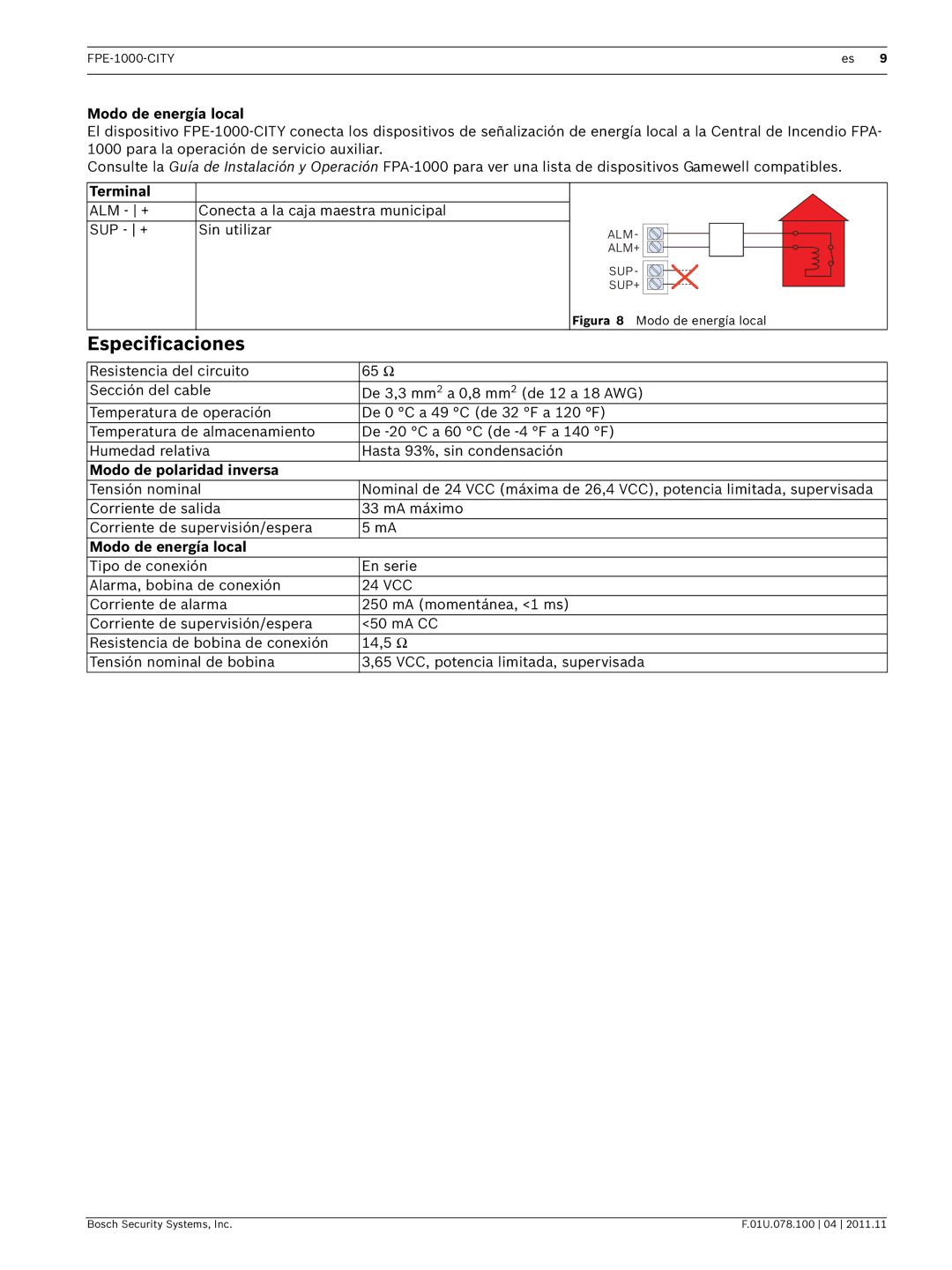 Bosch Appliances FPE-1000-CITY manual Especificaciones, Modo de energía local 