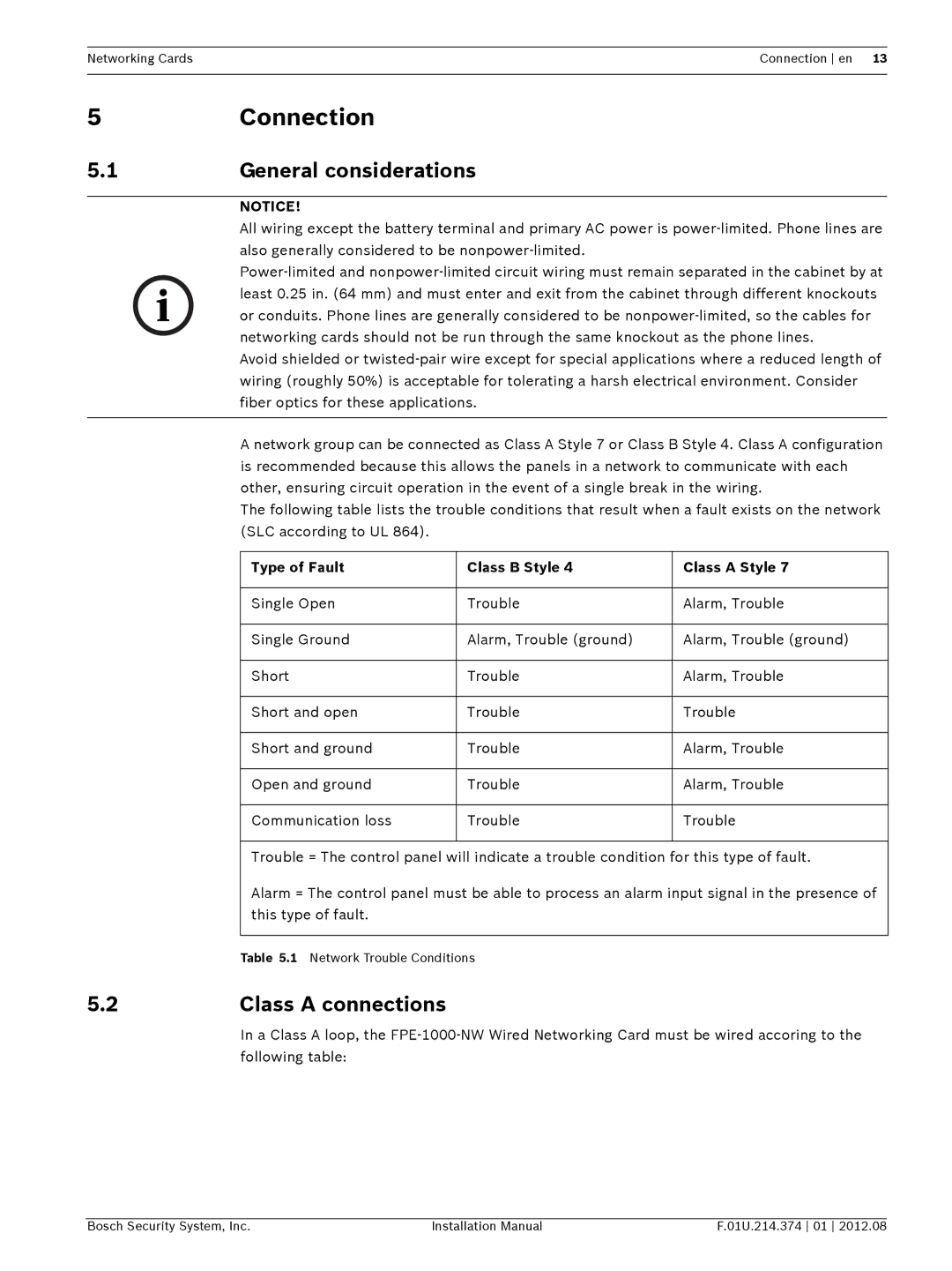 Bosch Appliances FPE-1000-NF, FPE-1000-NE Connection, Class a connections, Type of Fault Class B Style Class a Style 