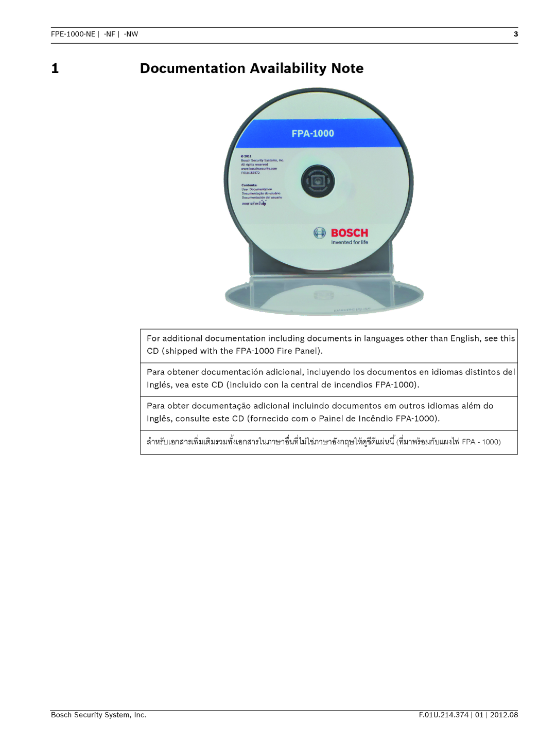 Bosch Appliances FPE-1000-NE, FPE-1000-NF, FPE-1000-NW installation manual Documentation Availability Note 