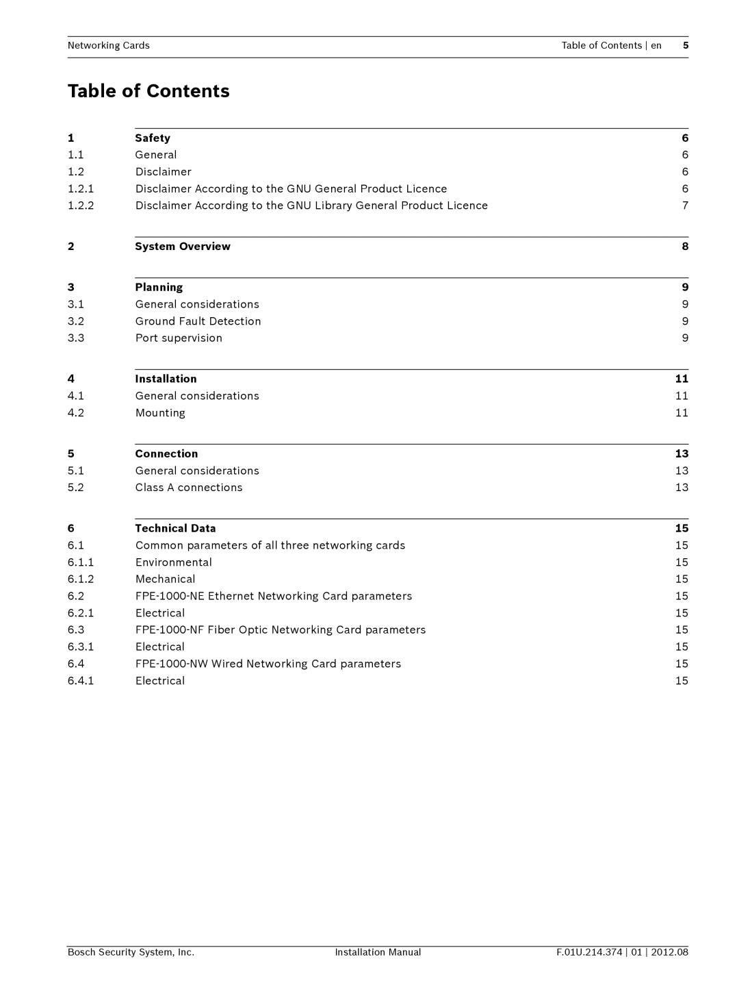 Bosch Appliances FPE-1000-NW, FPE-1000-NE, FPE-1000-NF installation manual Table of Contents 