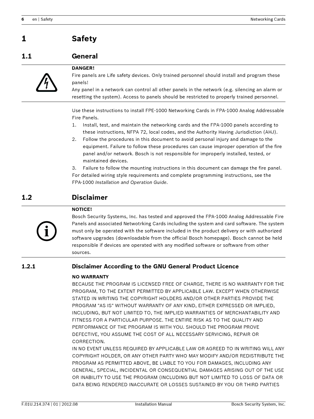 Bosch Appliances FPE-1000-NE, FPE-1000-NF, FPE-1000-NW installation manual Safety, General, Disclaimer 