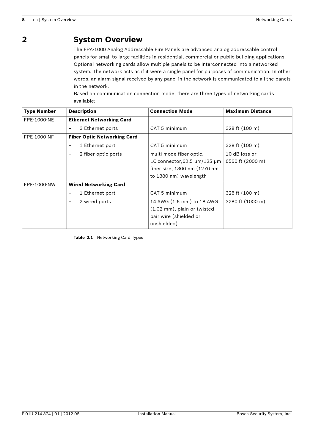 Bosch Appliances FPE-1000-NW, FPE-1000-NE System Overview, Type Number Description Connection Mode Maximum Distance 