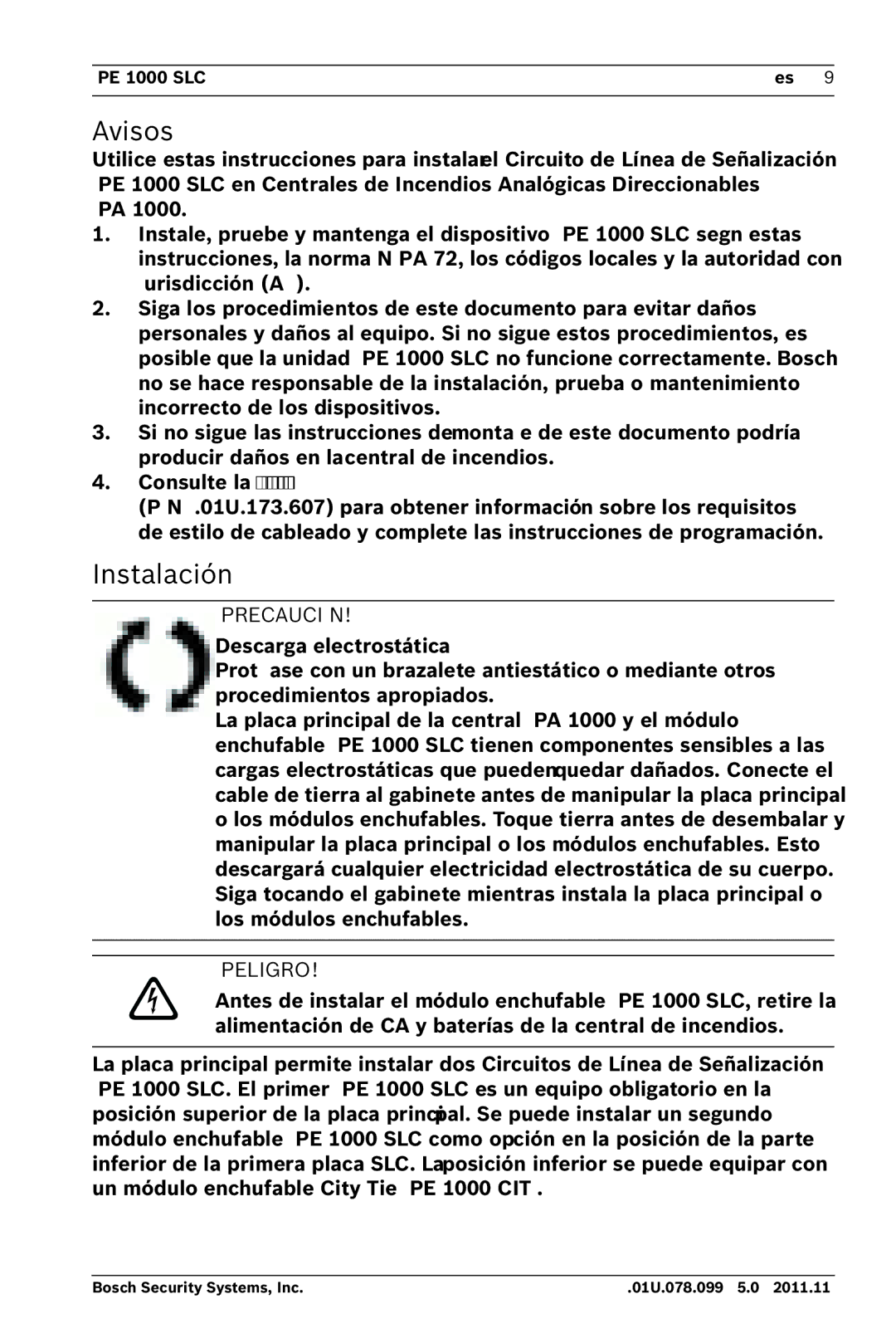 Bosch Appliances FPE-1000-SLC manual Avisos, Instalación, ¡Precaución, ¡Peligro 