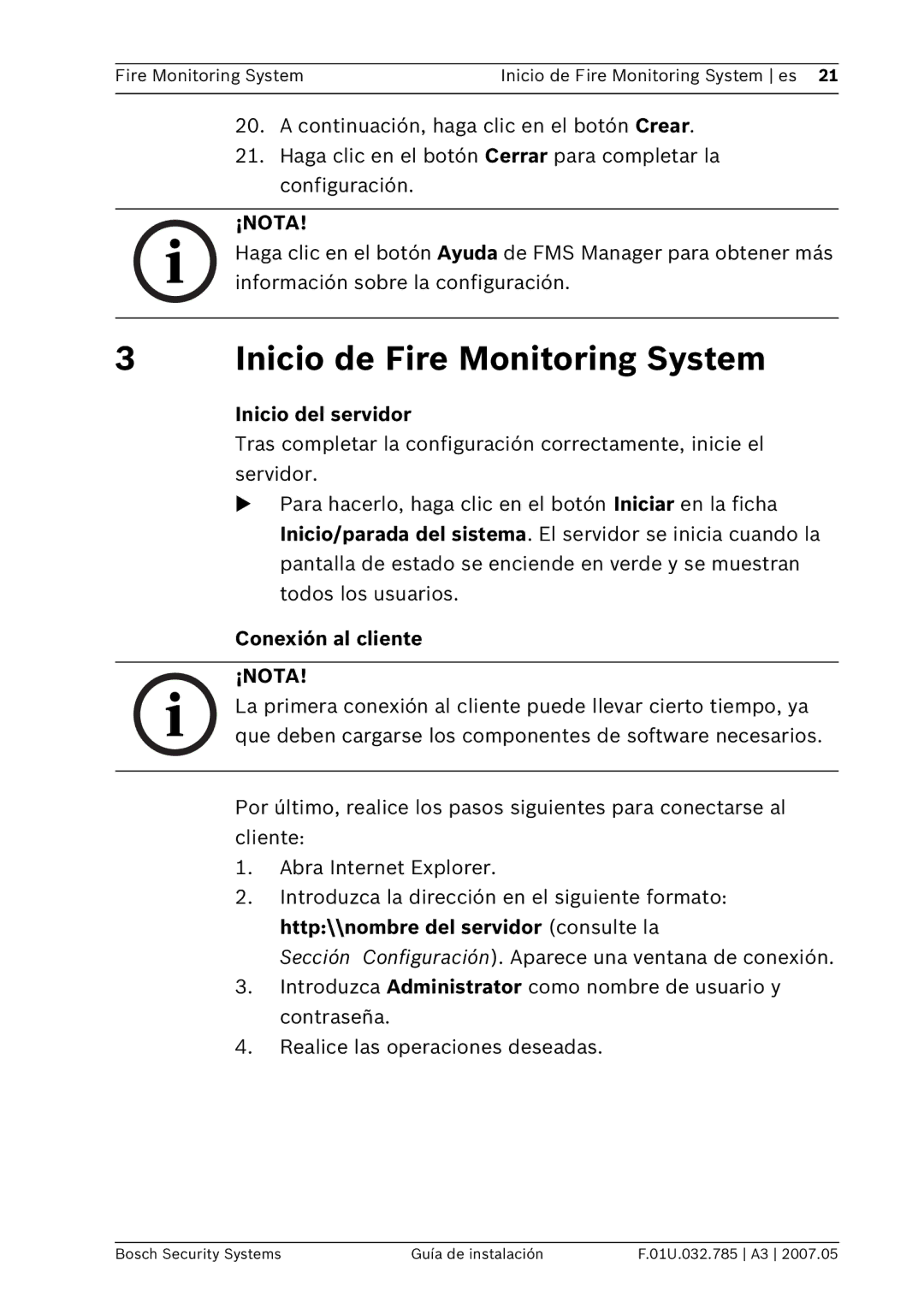 Bosch Appliances FSM-2000 manual Inicio de Fire Monitoring System, Inicio del servidor, Conexión al cliente 