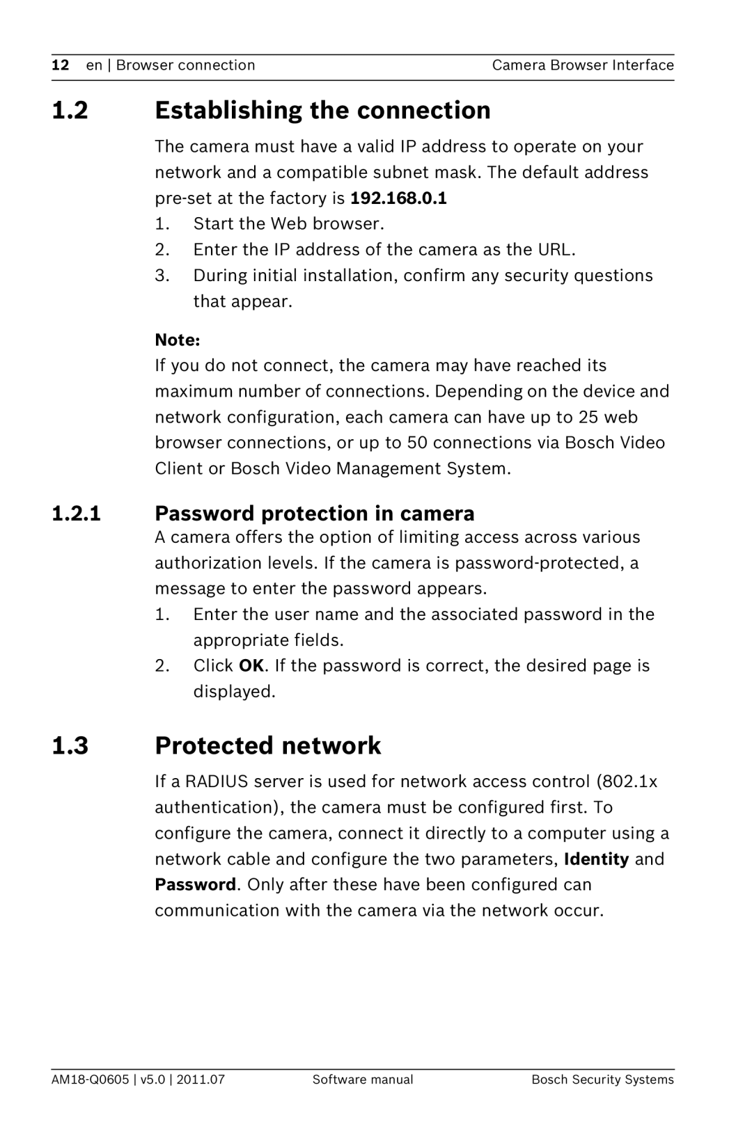 Bosch Appliances FW5 software manual Establishing the connection, Protected network, Password protection in camera 