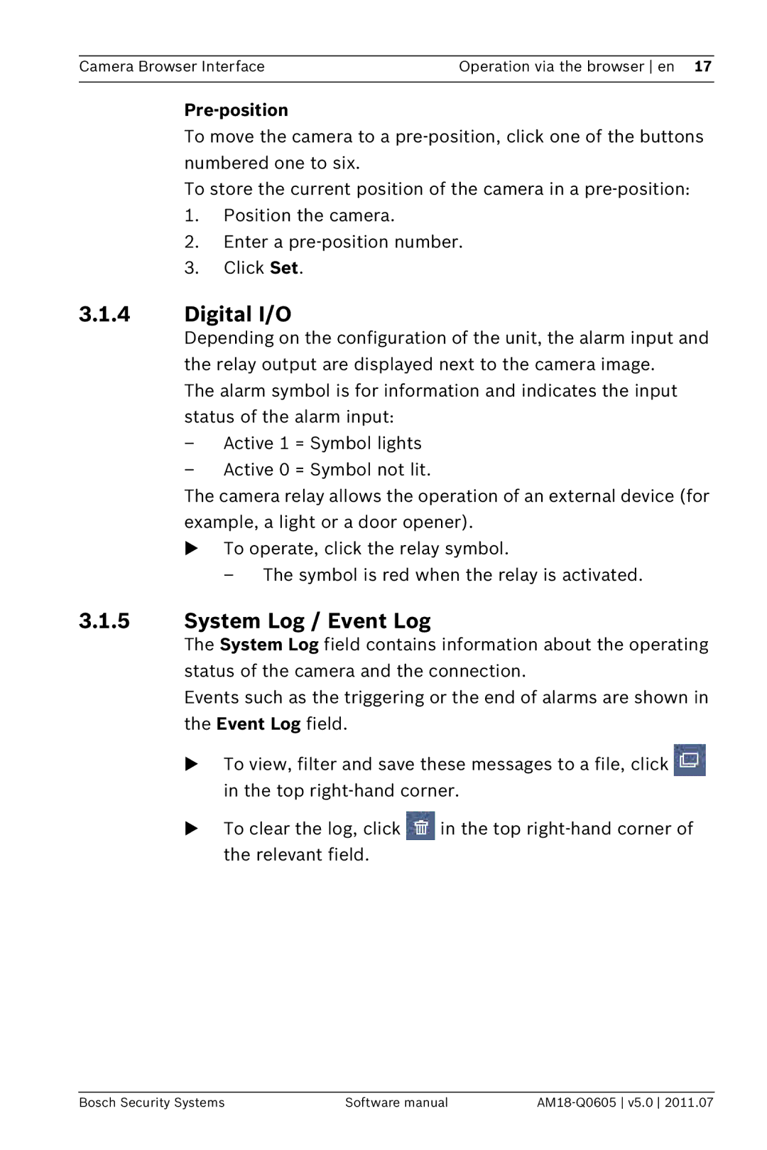 Bosch Appliances FW5 software manual Digital I/O, System Log / Event Log, Pre-position 