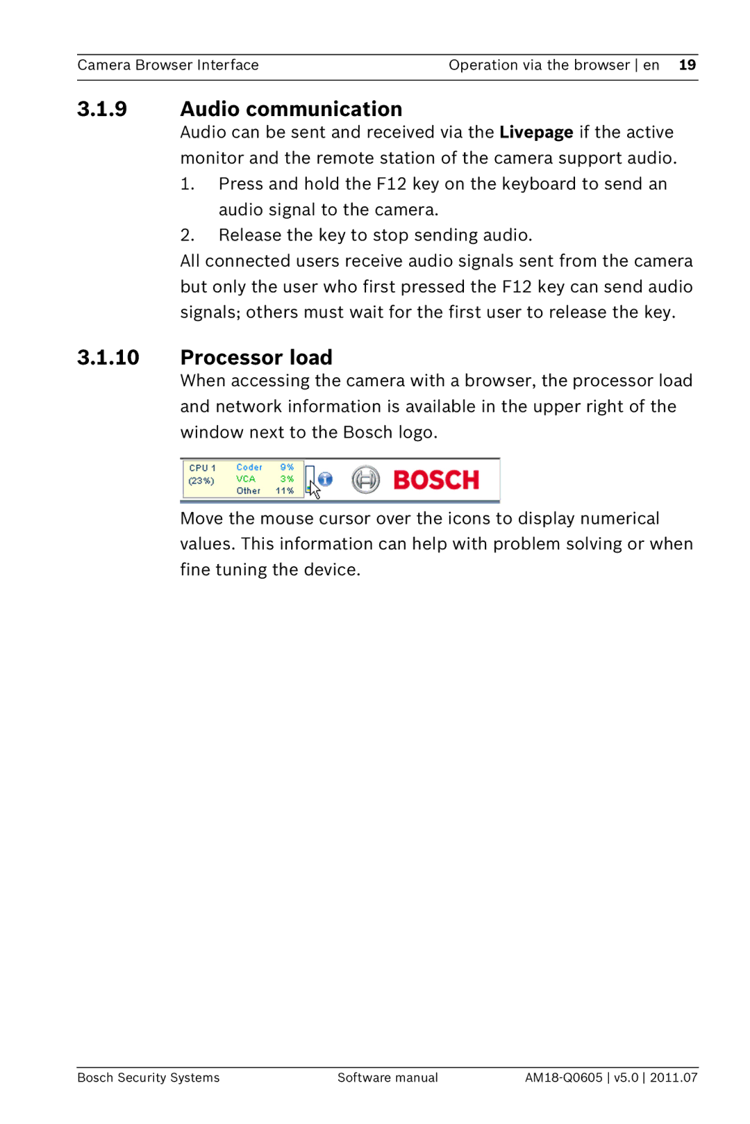 Bosch Appliances FW5 software manual Audio communication, Processor load 