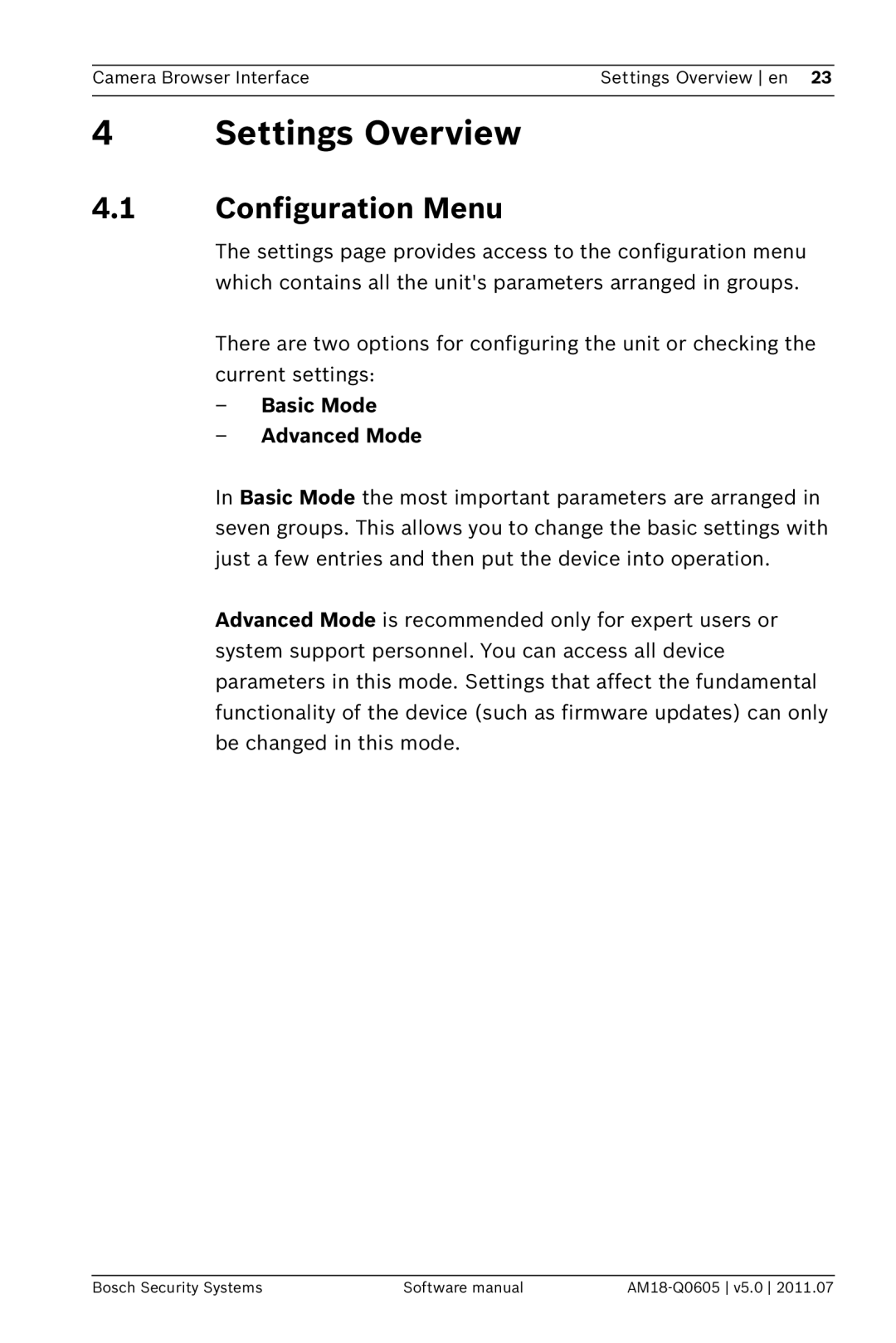 Bosch Appliances FW5 software manual Settings Overview, Configuration Menu, Basic Mode Advanced Mode 