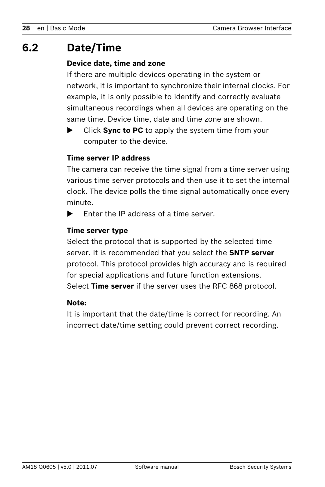 Bosch Appliances FW5 software manual Date/Time, Device date, time and zone, Time server IP address, Time server type 