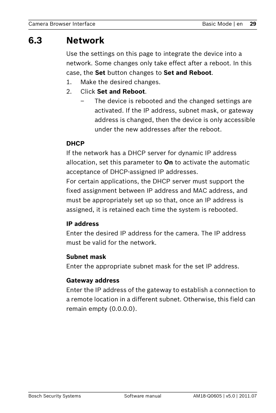 Bosch Appliances FW5 software manual Network, Click Set and Reboot, IP address, Subnet mask, Gateway address 