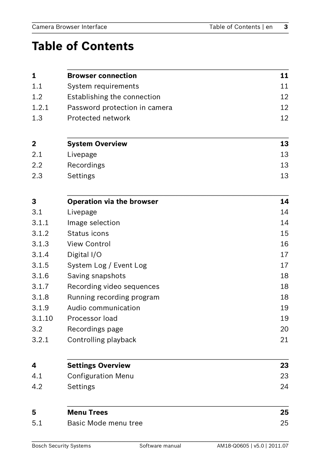 Bosch Appliances FW5 software manual Table of Contents 