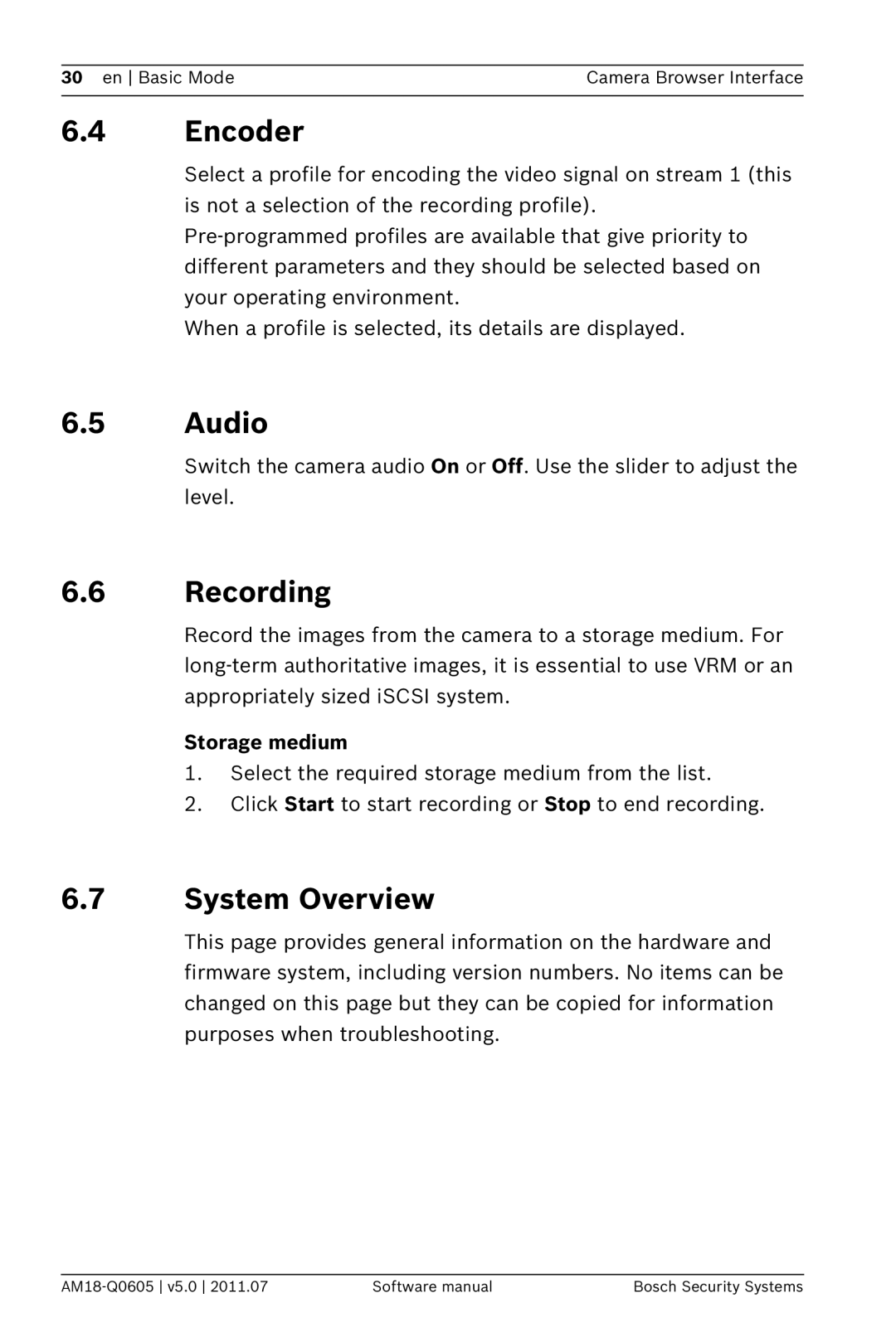 Bosch Appliances FW5 software manual Encoder, Audio, Recording, System Overview, Storage medium 