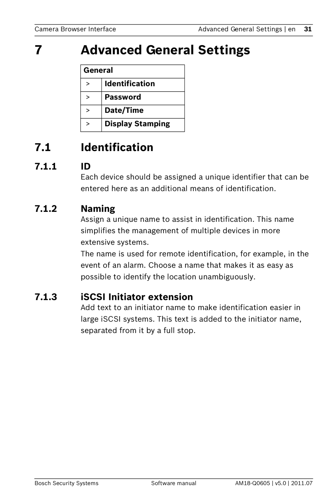 Bosch Appliances FW5 software manual Advanced General Settings, Identification, 1 ID, ISCSI Initiator extension 