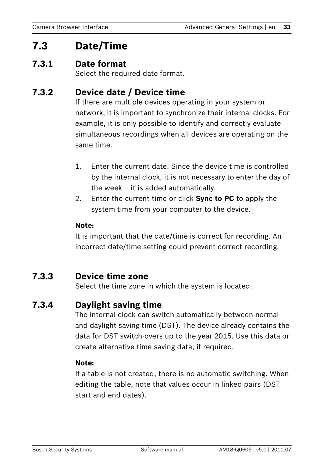 Bosch Appliances FW5 software manual Date format, Device date / Device time, Device time zone, Daylight saving time 